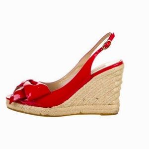 Valentino Red Patent Bow Open Toe Wedge Espadrille